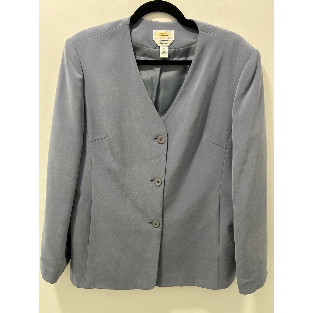 Talbots Petites Blue 100% Pure Silk Collarless Blazer Jacket Size 14P